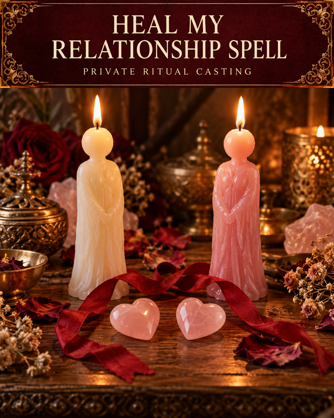Heal My Relationship Spell private ritual casting artwork with stylized wax figure candles on a warm wooden altar