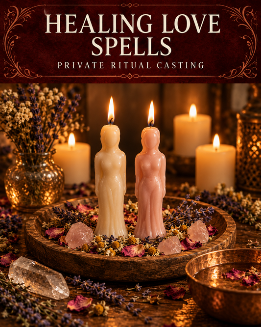 Healing Love Spells promotional illustration with ivory and pink figure candles, lavender, chamomile, rose petals and rose quartz on a candlelit altar.