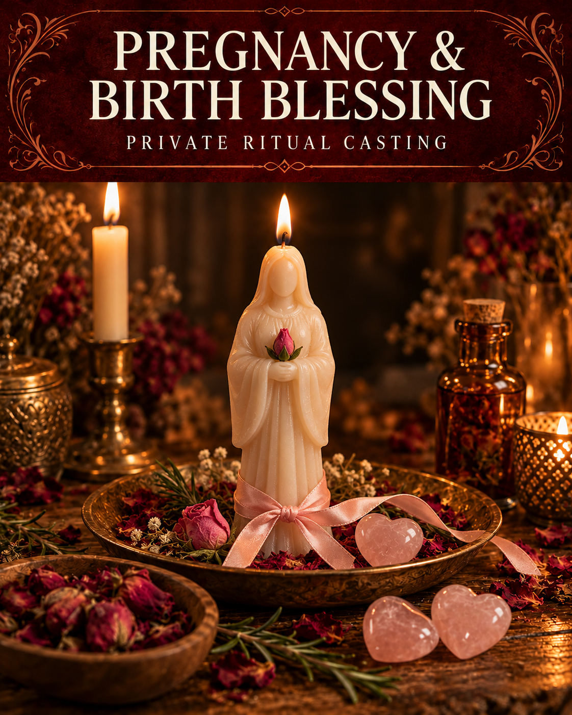 Pregnancy & Birth Blessing private ritual casting artwork with stylized figure candles on a warm wooden altar and a burgundy title banner.