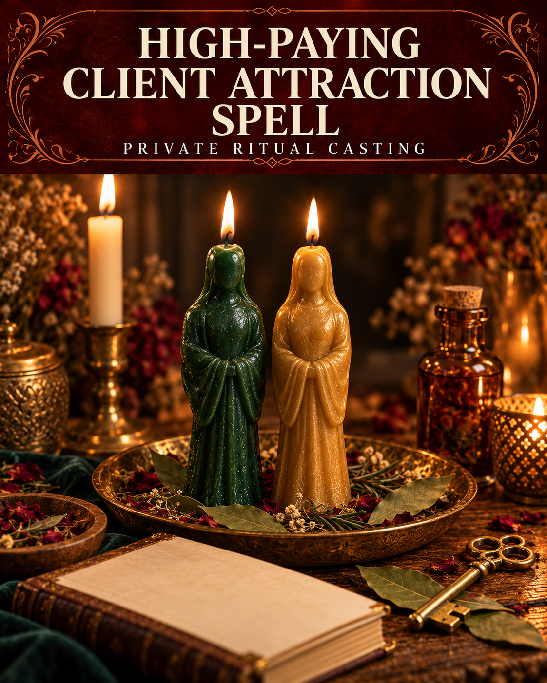 High-Paying Client Attraction Spell private ritual casting artwork with stylized figure candles on a warm wooden altar and a burgundy title banner.