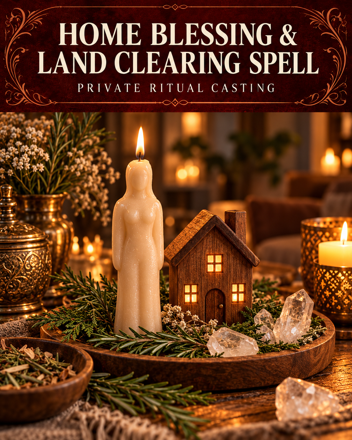 Home Blessing & Land Clearing Spell private ritual casting artwork with stylized figure candles on a warm wooden altar and a burgundy title banner.