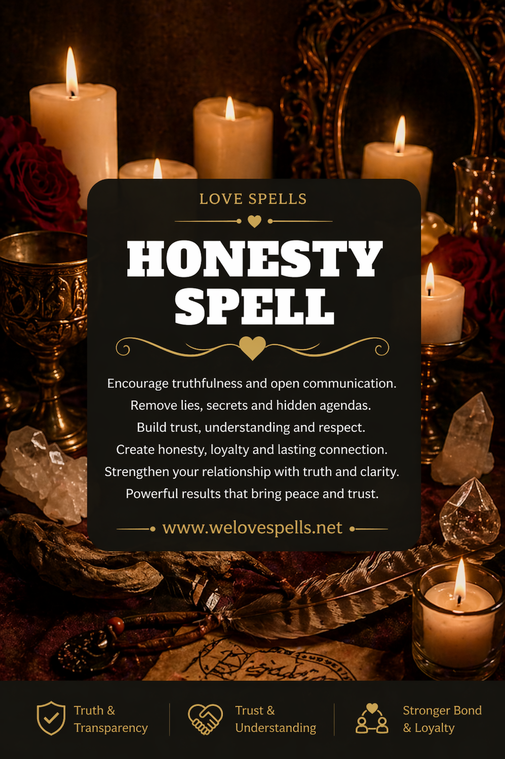 Honesty spell casting altar with glowing candles, feather and ritual tools in a dim mystical setting, symbolizing truth, clarity and revealing hidden intentions in love and relationships by Belinda