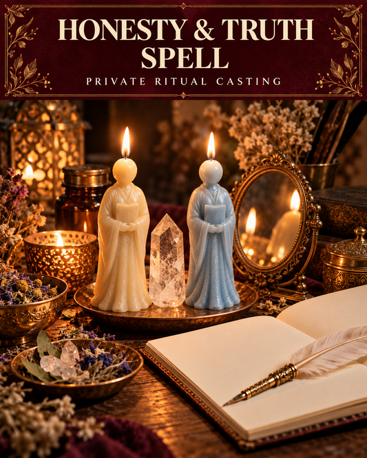 Honesty & Truth Spell — private ritual casting, with stylized figure candles on a warm wooden altar.
