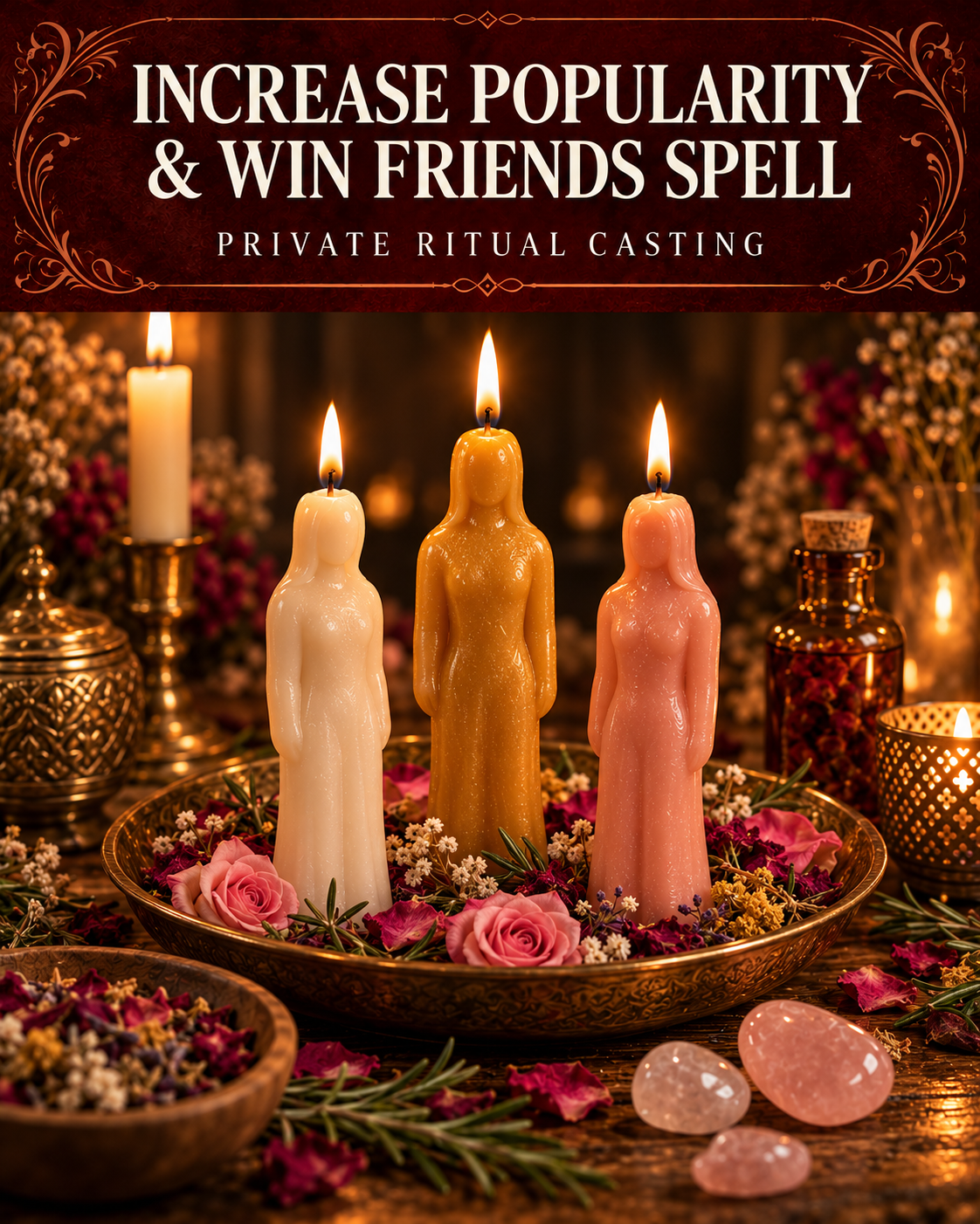 Increase Popularity & Win Friends Spell private ritual casting artwork with symbolic wax figure candles on a warmly lit altar.