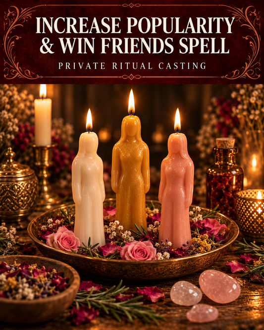 Increase Popularity & Win Friends Spell private ritual casting artwork with symbolic wax figure candles on a warmly lit altar.