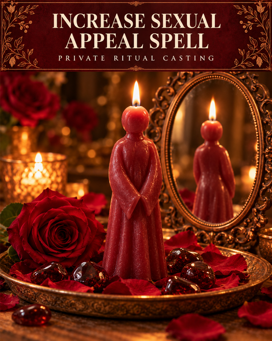 Increase Sexual Appeal Spell — private ritual casting, with stylized figure candles on a warm wooden altar.