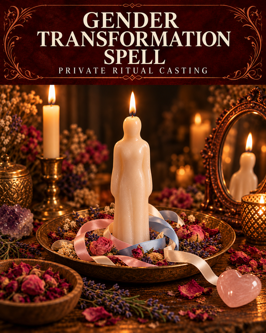 Gender Transformation Spell private ritual casting artwork with symbolic wax figure candles on a warmly lit altar.