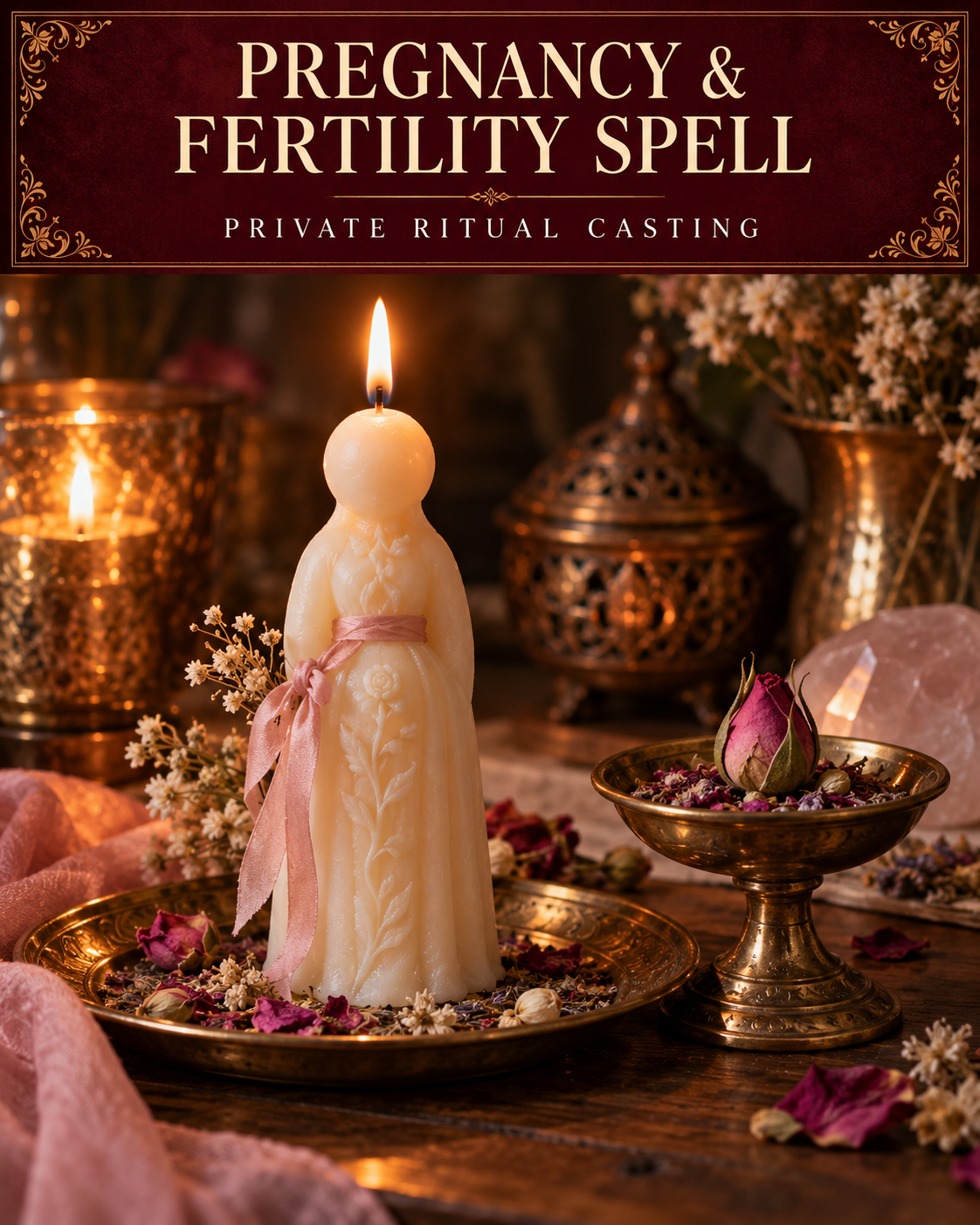 Pregnancy & Fertility Spell private ritual casting artwork with stylized wax figure candles on a warm wooden altar