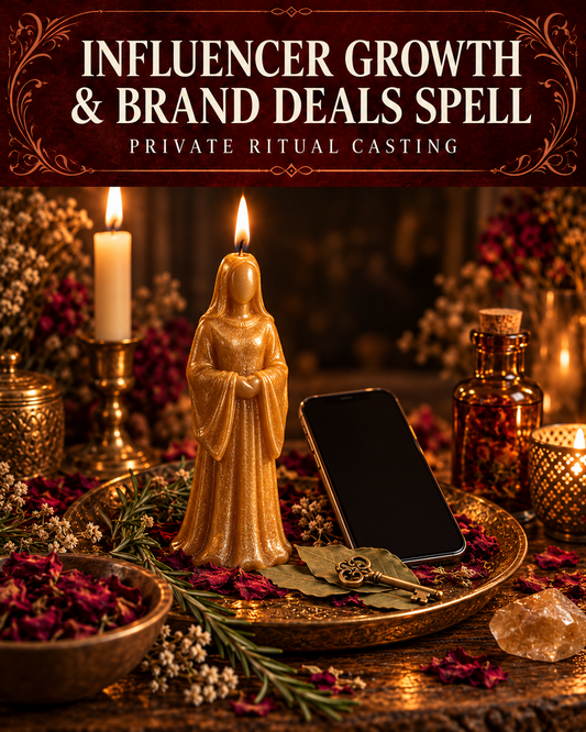 Influencer Growth & Brand Deals Spell private ritual casting artwork with stylized figure candles on a warm wooden altar and a burgundy title banner.