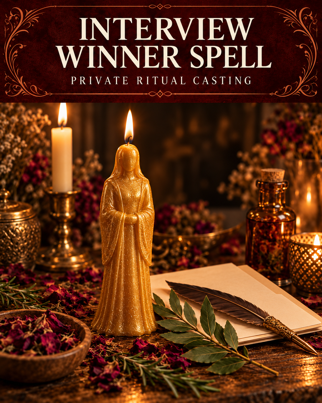 Interview Winner Spell private ritual casting artwork with stylized figure candles on a warm wooden altar and a burgundy title banner.
