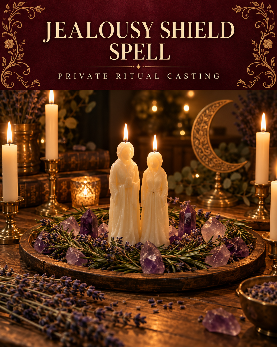 Jealousy Shield Spell promotional illustration with two ivory figure candles surrounded by amethyst and herbs, with a brass crescent moon on a candlelit altar.