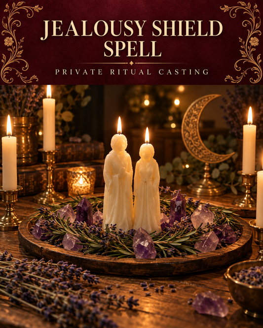 Jealousy Shield Spell promotional illustration with two ivory figure candles surrounded by amethyst and herbs, with a brass crescent moon on a candlelit altar.