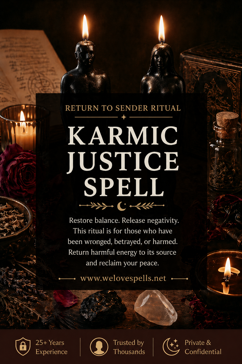 Karmic Justice Spell return to sender ritual altar with black candles, herbs, crystals and spiritual protection symbols by We Love Spells