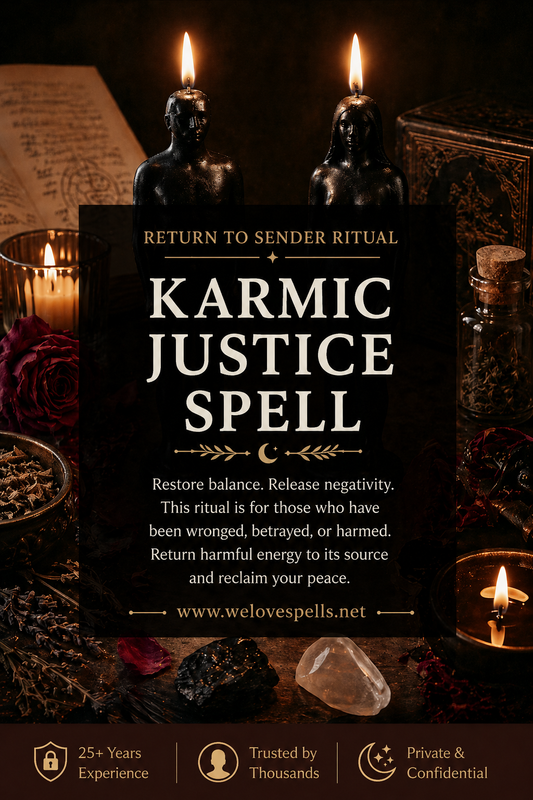Karmic Justice Spell return to sender ritual altar with black candles, herbs, crystals and spiritual protection symbols by We Love Spells