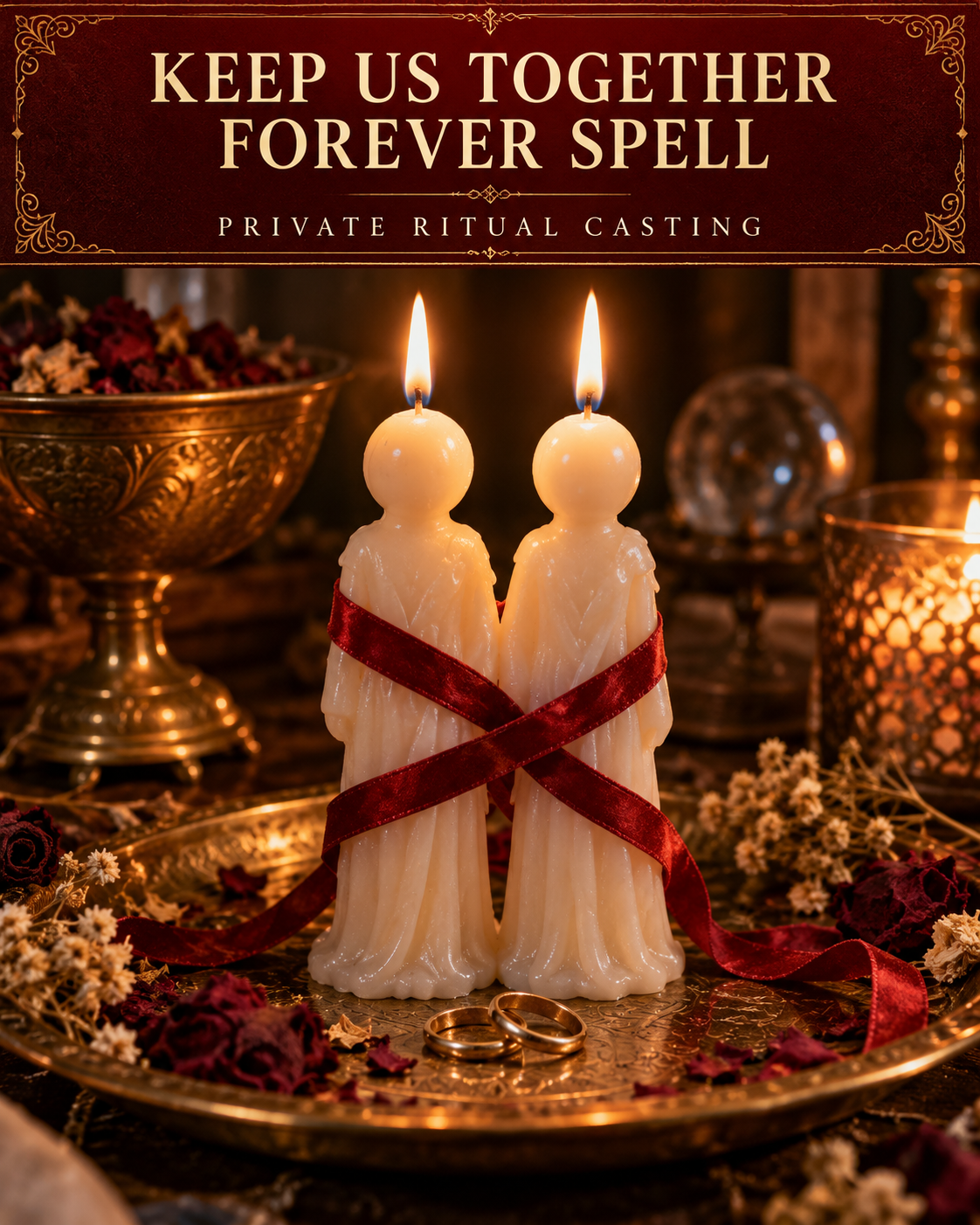 Keep Us Together Forever Spell private ritual casting artwork with stylized wax figure candles on a warm wooden altar