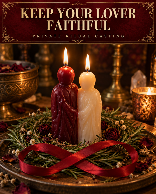 Keep Your Lover Faithful private ritual casting artwork with stylized wax figure candles on a warm wooden altar
