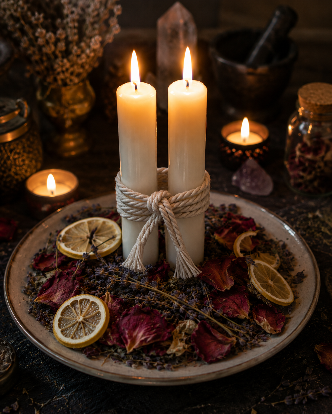 Keep Your Lover Faithful Spell candle ritual with two white candles tied with white cord, rose petals, herbs and lemon slices on a private altar