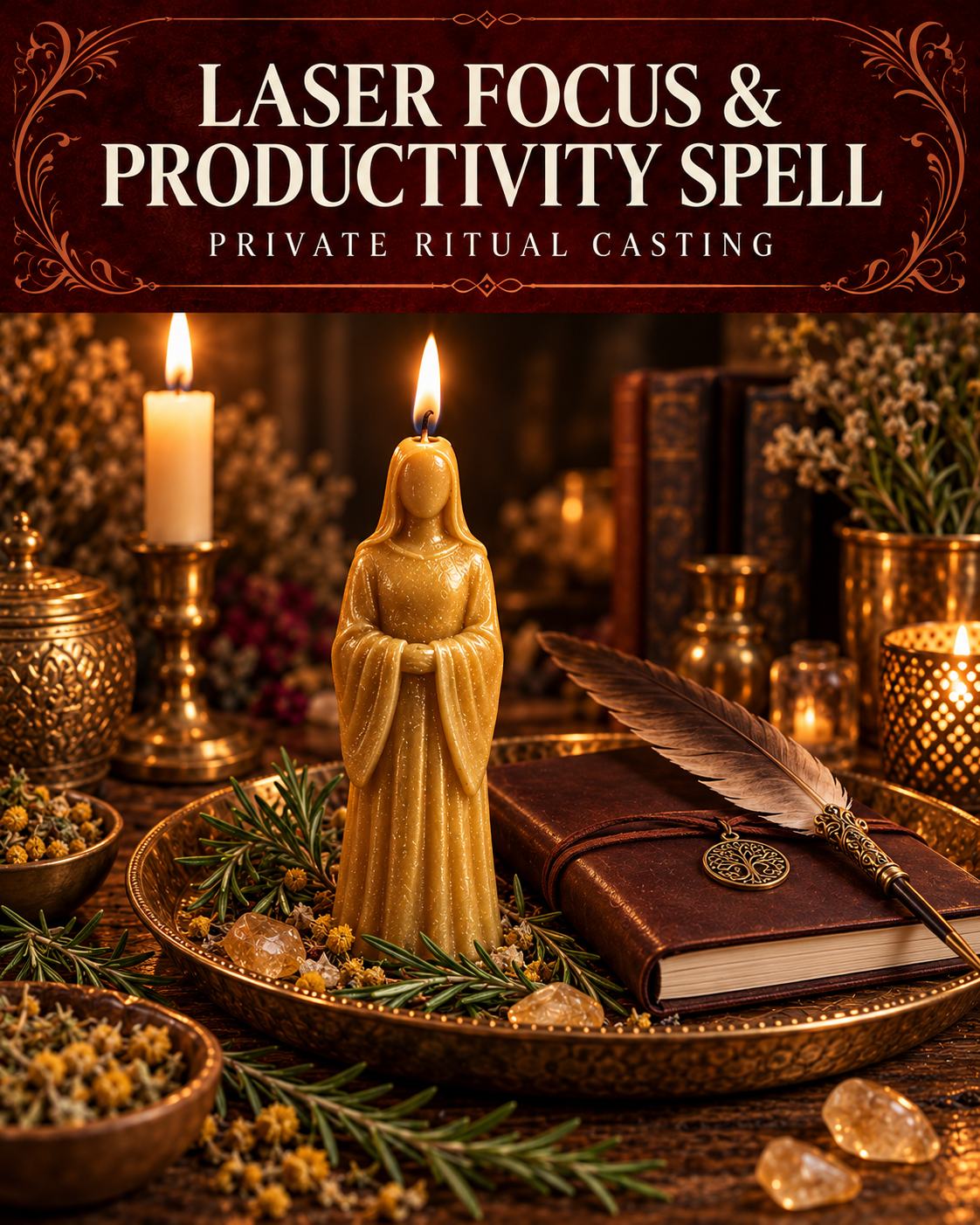 Laser Focus & Productivity Spell private ritual casting artwork with stylized figure candles on a warm wooden altar and a burgundy title banner.