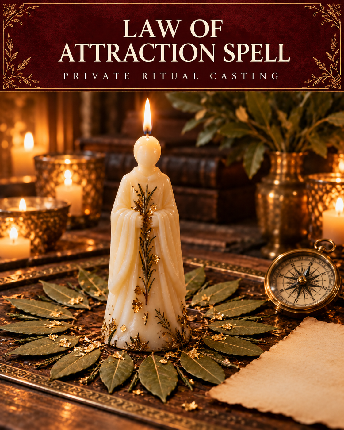 Law of Attraction Spell — private ritual casting, with stylized figure candles on a warm wooden altar.