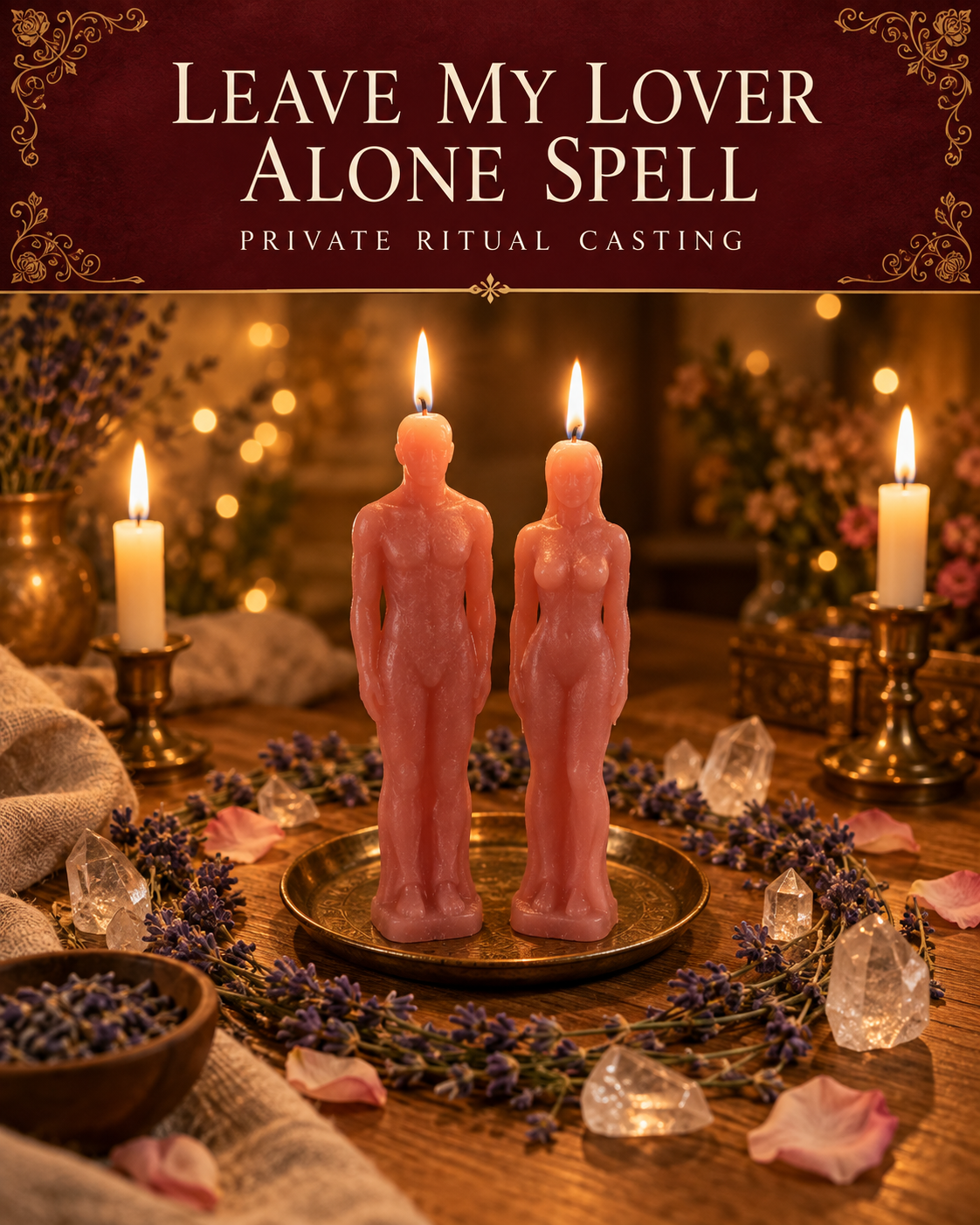 Leave My Lover Alone Spell promotional illustration with two pink figure candles together, clear quartz, lavender and rose petals on a candlelit altar.