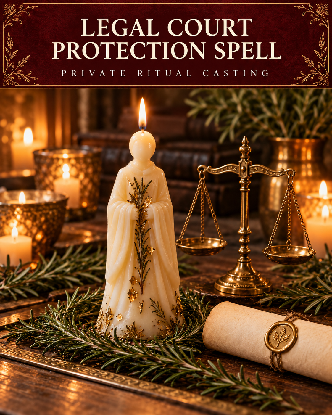 Legal Court Protection Spell — private ritual casting, with stylized figure candles on a warm wooden altar.