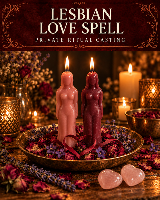 Lesbian Love Spell promotional illustration with two feminine figure candles in pink and burgundy, rose petals, lavender, a heart-shaped ribbon and rose quartz hearts on a candlelit altar.