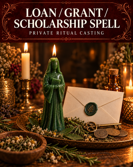 Loan / Grant / Scholarship Spell private ritual casting artwork with stylized figure candles on a warm wooden altar and a burgundy title banner.