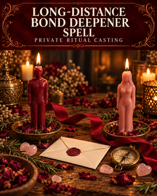 Long-Distance Bond Deepener Spell promotional illustration with red and pink figure candles linked by a red ribbon, a sealed letter, compass and rose quartz hearts on a candlelit altar.