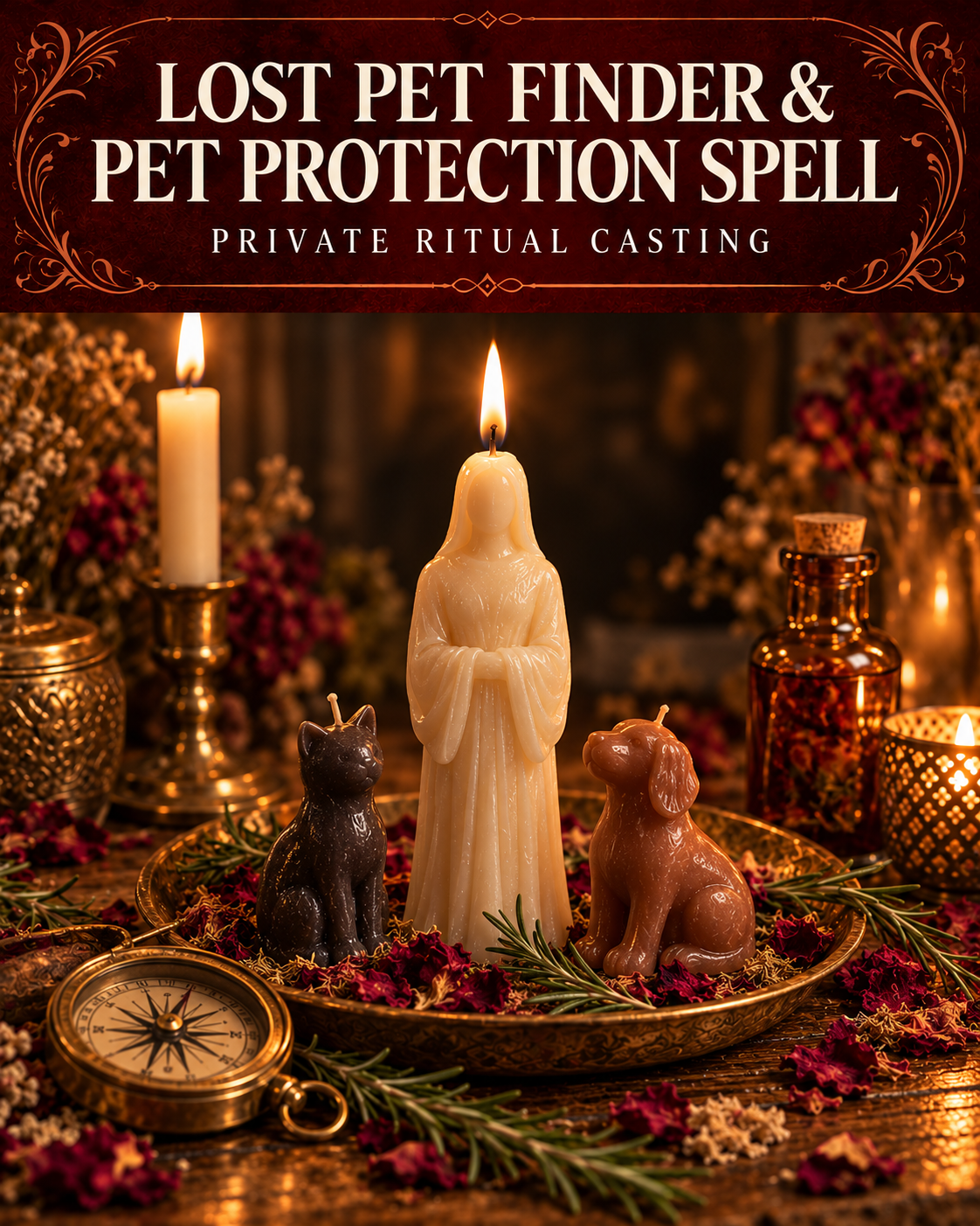Lost Pet Finder & Pet Protection Spell private ritual casting artwork with stylized figure candles on a warm wooden altar and a burgundy title banner.