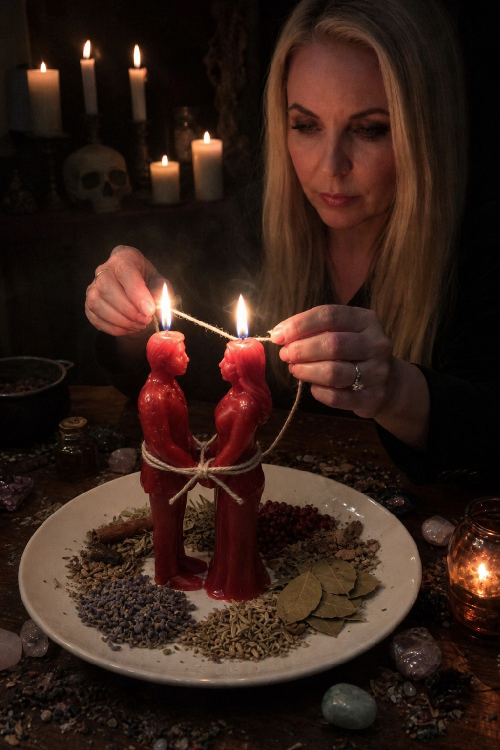 Belinda casting a private Love Binding Spell ritual with red bound candles, herbs and candlelight for commitment and emotional connection