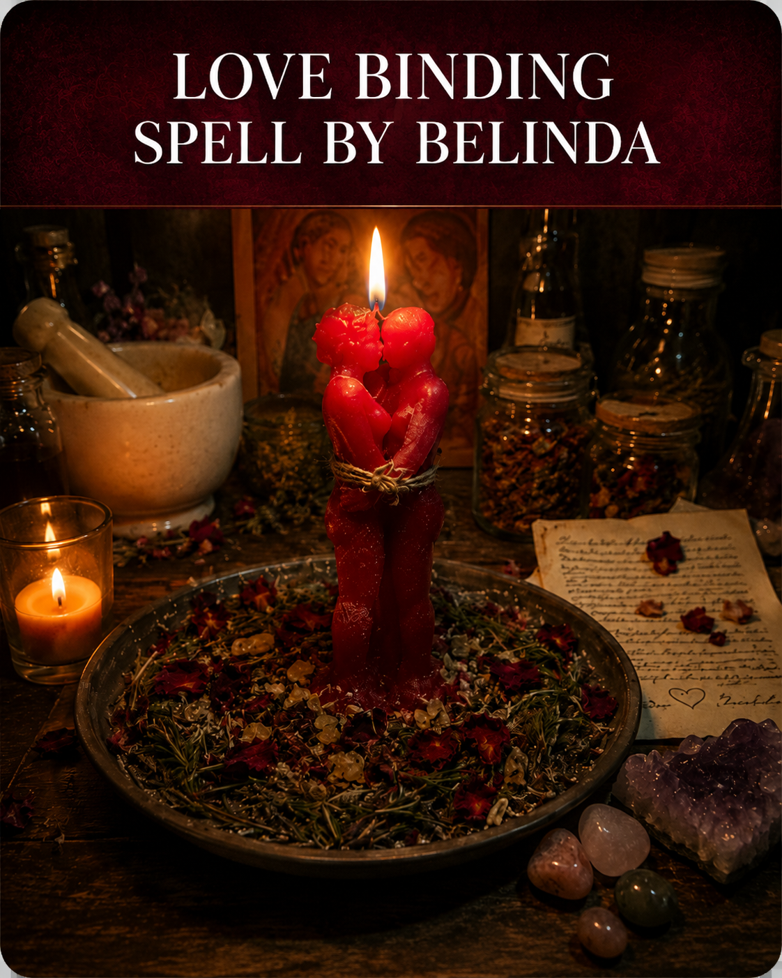 Love Binding Spell by Belinda main image with red bound figure candles, candlelit altar, herbs, rose petals, crystals, and handwritten petition for a private binding ritual.