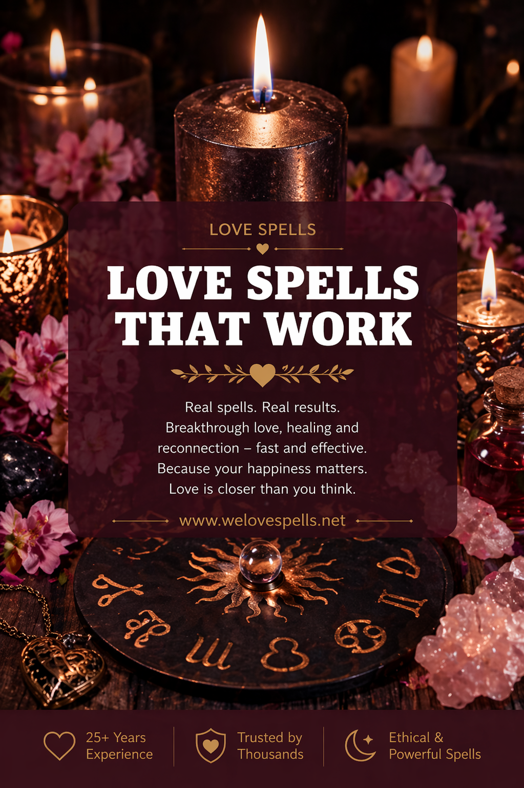 Candlelit love spell altar with zodiac board, crystals and flowers representing love spells that work for attraction, healing and reconnection by Belinda