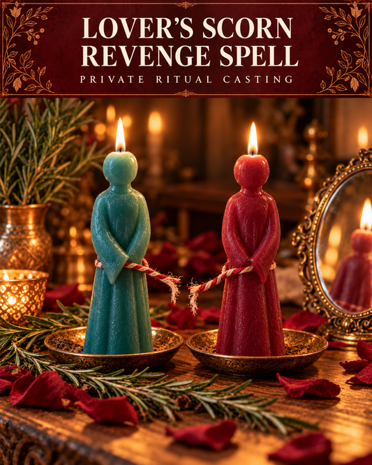 Lover’s Scorn Revenge Spell — private ritual casting, with stylized figure candles on a warm wooden altar.
