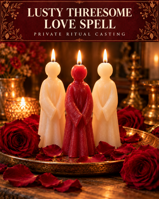 Lusty Threesome Love Spell — private ritual casting, with stylized figure candles on a warm wooden altar.