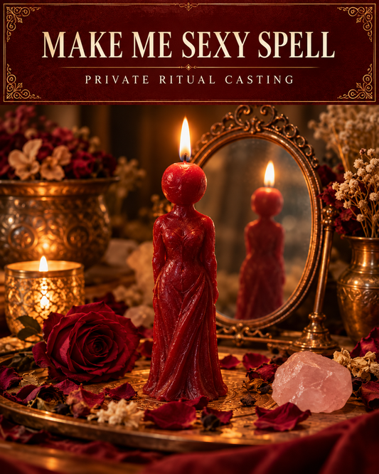 Make Me Sexy Spell private ritual casting artwork with stylized wax figure candles on a warm wooden altar