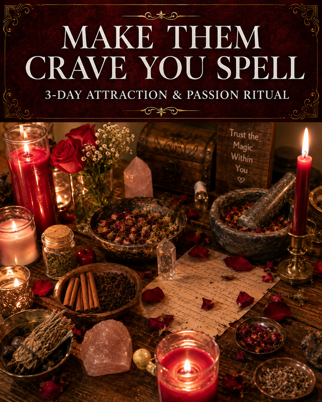 Make Them Crave You Spell main image with red candles, rose petals, cinnamon, cloves, herbs, crystals, and attraction ritual altar.