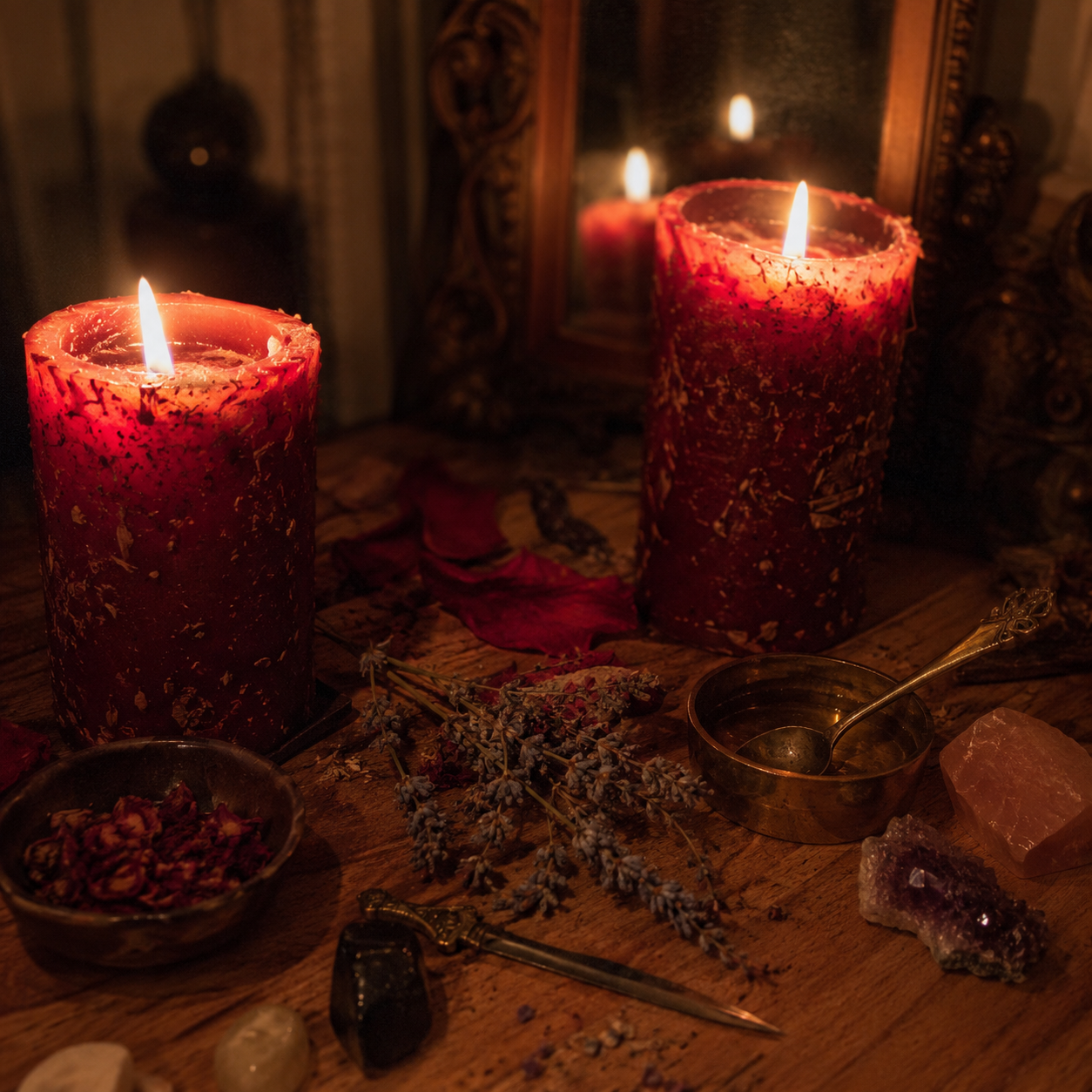 Close-up of the Make Them Crave You Spell ritual with red candles, rose petals, herbs, crystals and spiritual tools