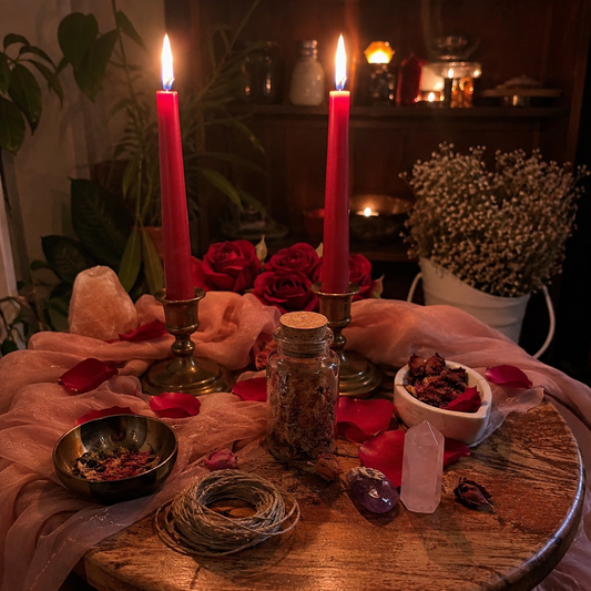 Make Them Crave You Spell romantic altar ritual with red candles, rose petals, herbs, crystals and ritual bottle