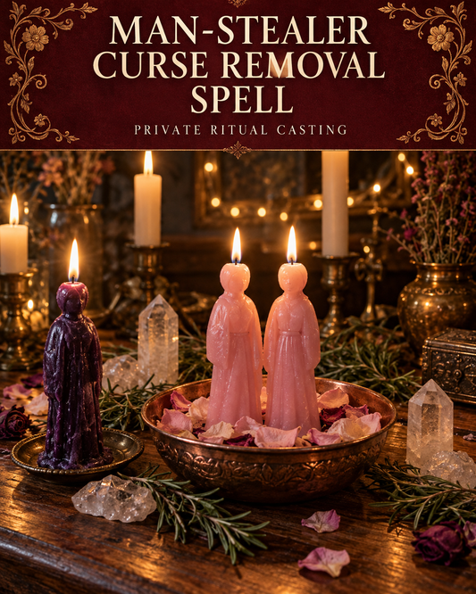 Man-Stealer Curse Removal Spell promotional illustration with two pink figure candles, a separate purple figure candle, herbs and clear quartz on a candlelit altar.