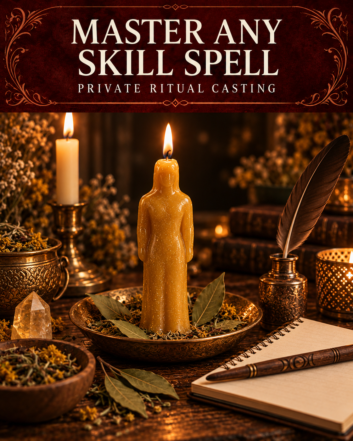 Master Any Skill Spell private ritual casting artwork with symbolic wax figure candles on a warmly lit altar.