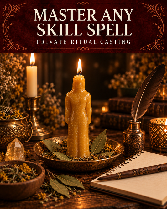 Master Any Skill Spell private ritual casting artwork with symbolic wax figure candles on a warmly lit altar.