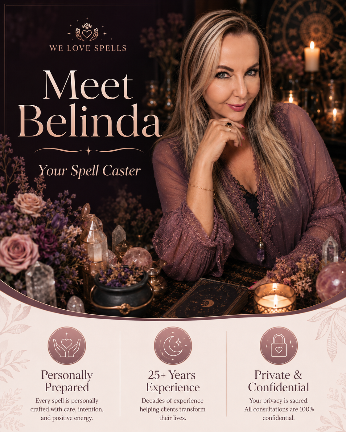 Meet Belinda, the spell caster behind We Love Spells, offering private beauty spell casting with personal ritual preparation, confidential service, and over 25 years of spiritual experience.