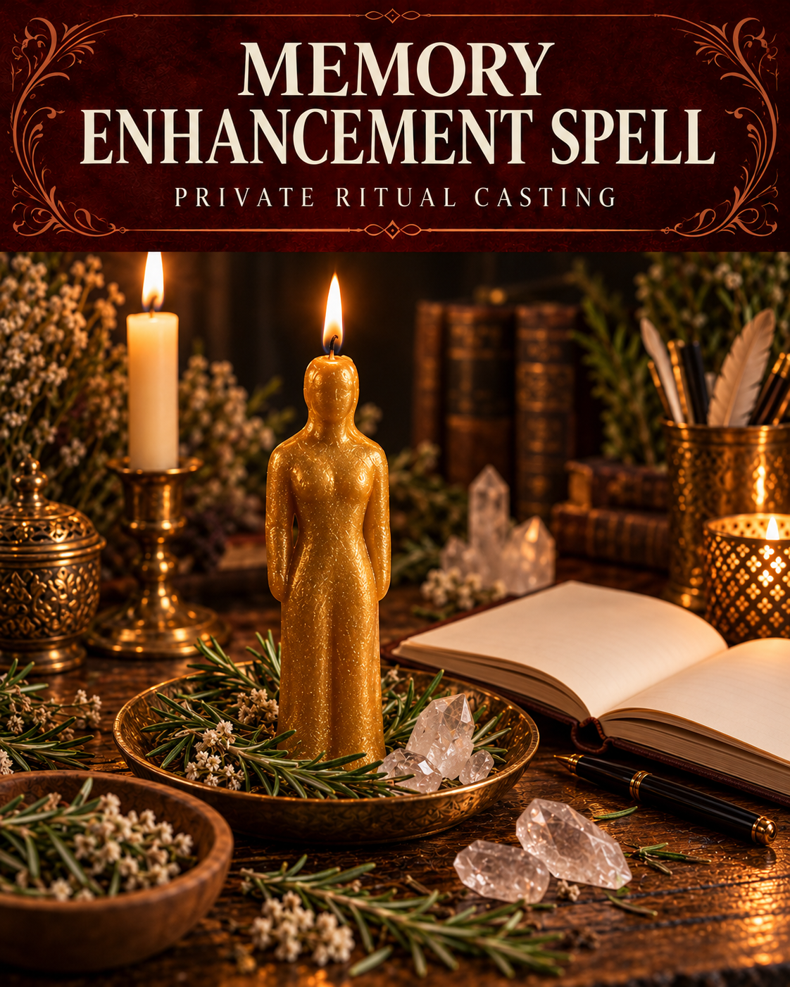Memory Enhancement Spell private ritual casting artwork with symbolic wax figure candles on a warmly lit altar.