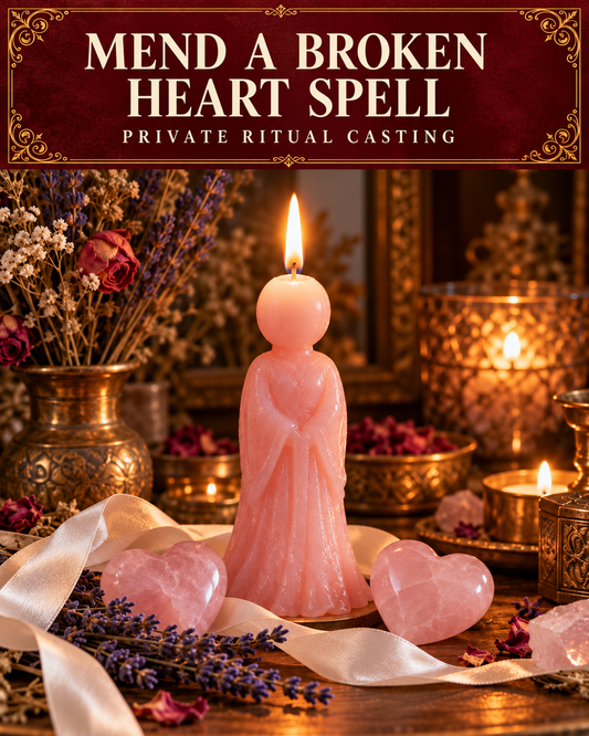 Mend a Broken Heart Spell private ritual casting artwork with stylized wax figure candles on a warm wooden altar