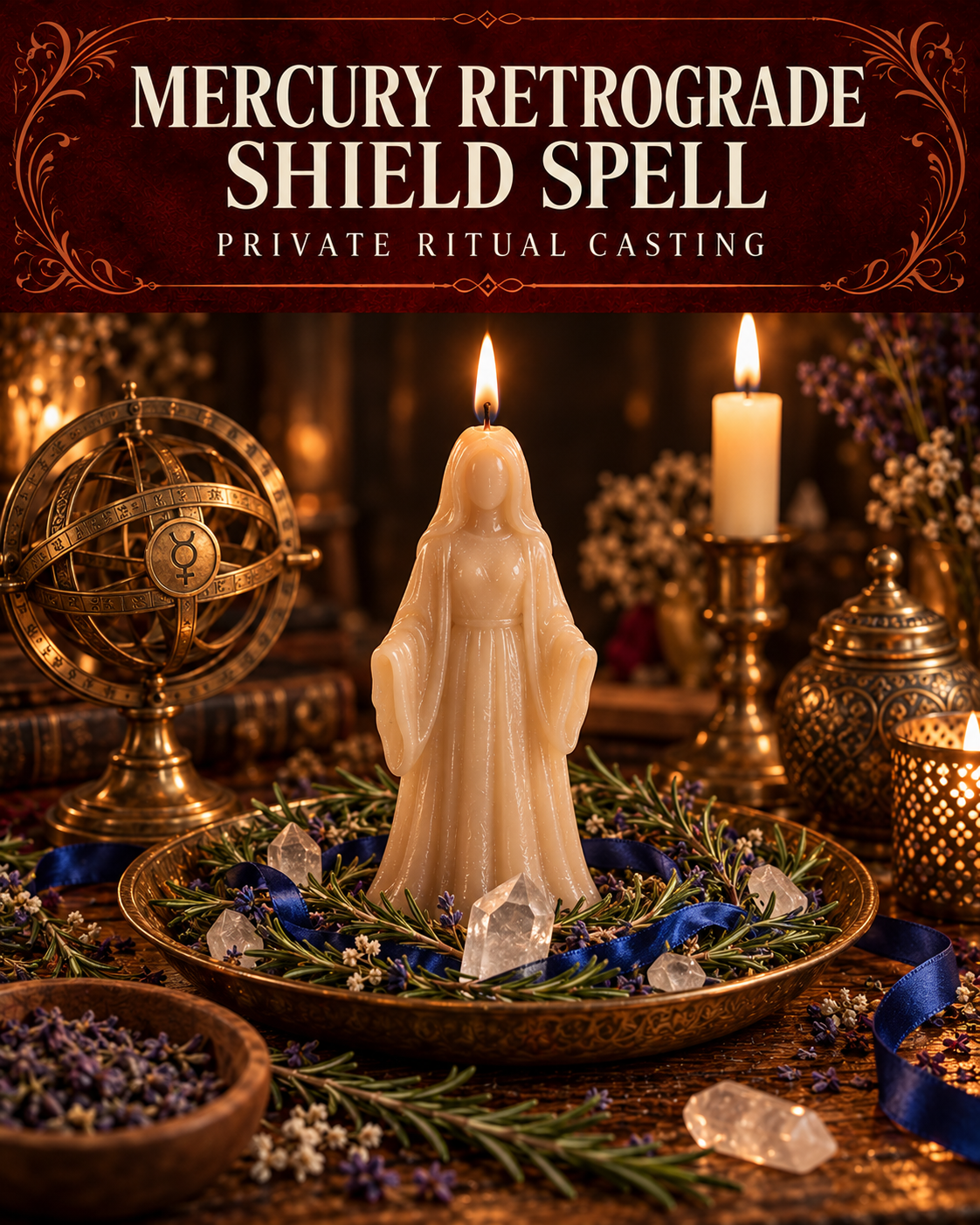 Mercury Retrograde Shield Spell private ritual casting artwork with stylized figure candles on a warm wooden altar and a burgundy title banner.