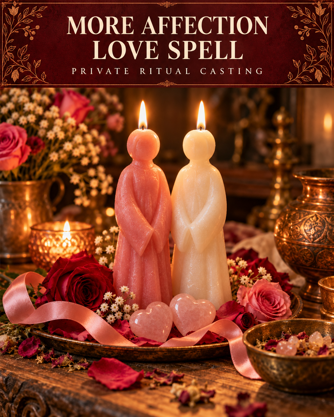 More Affection Love Spell — private ritual casting, with stylized figure candles on a warm wooden altar.