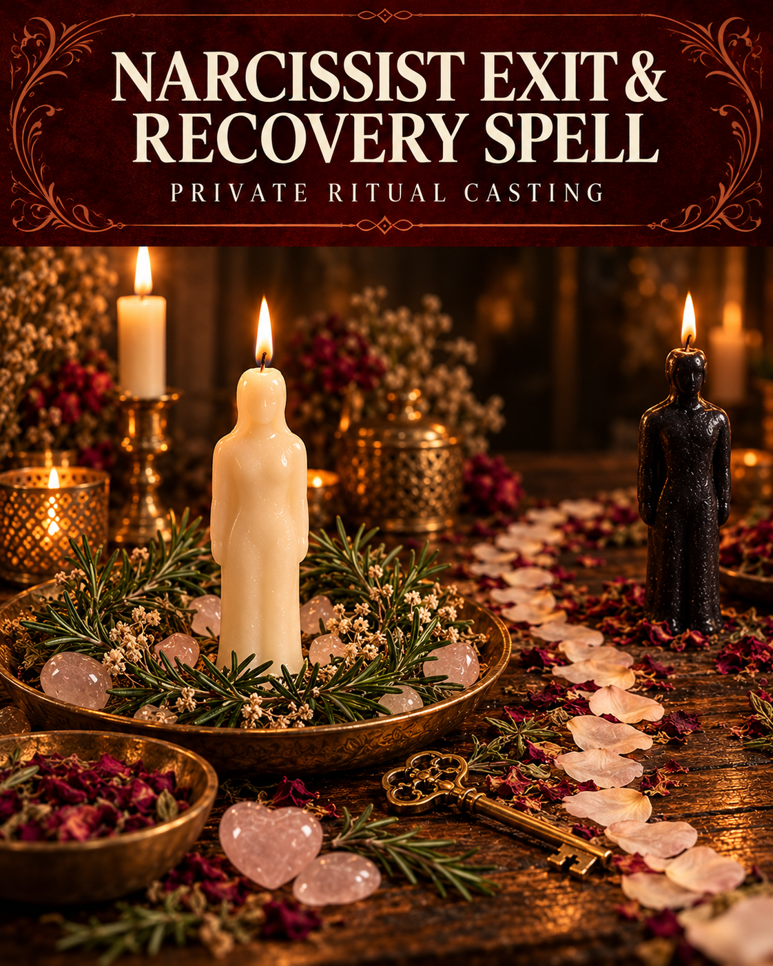 Narcissist Exit & Recovery Spell private ritual casting artwork with symbolic wax figure candles on a warmly lit altar.