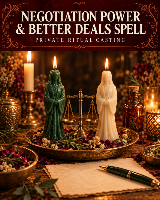 Negotiation Power & Better Deals Spell private ritual casting artwork with stylized figure candles on a warm wooden altar and a burgundy title banner.
