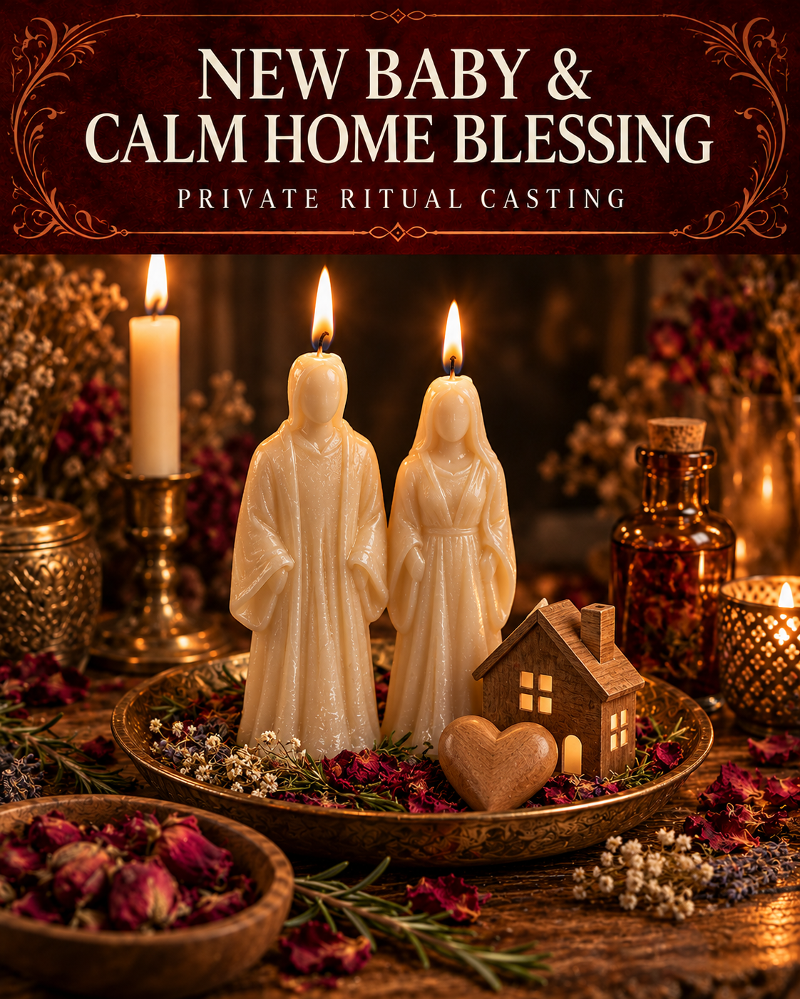 New Baby & Calm Home Blessing private ritual casting artwork with stylized figure candles on a warm wooden altar and a burgundy title banner.