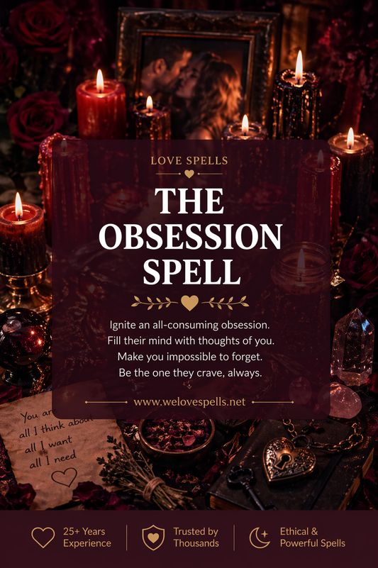 Dark romantic candlelit altar with red candles, roses, crystals and a couple image symbolizing an obsession spell for intense attraction, desire and emotional fixation by Belinda
